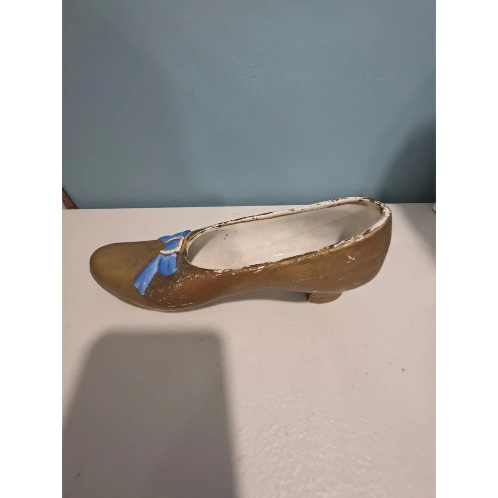 Vintage Ceramic Shoe Planter Gold with Blue Bow Hand Painted Trinket Dish Decor